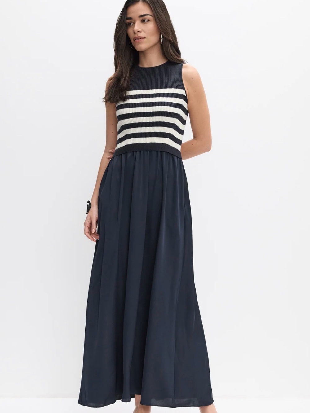 Striped Knit Bodice Navy and White Maxi Dress